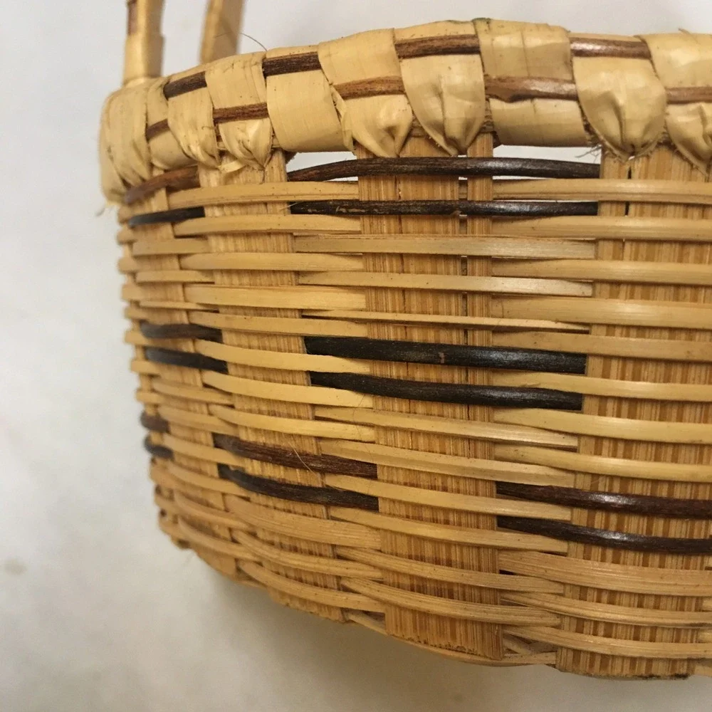 Miniature Woven Basket Small Tan Brown Dual Handle Splint Decor Cottagecore Boho